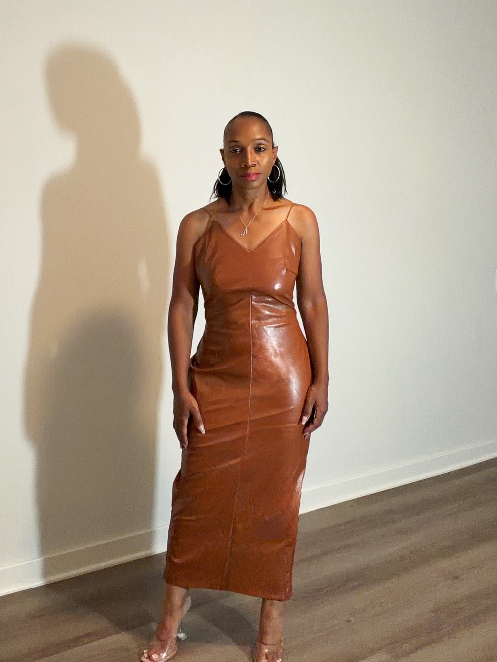 Brown Faux Leather Midi Dress - Picture 2 of 4